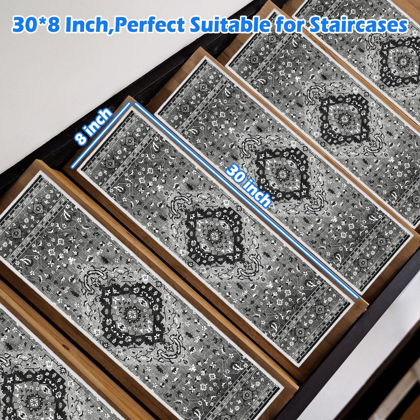 Edging Stair Treads Non-Slip Carpet Mat, 30in X 8in Indoor Stair Runners for Wooden Steps, Rubber Backing Stair Rugs for Kids Elders and Pets(Black/Grey,15PCS)