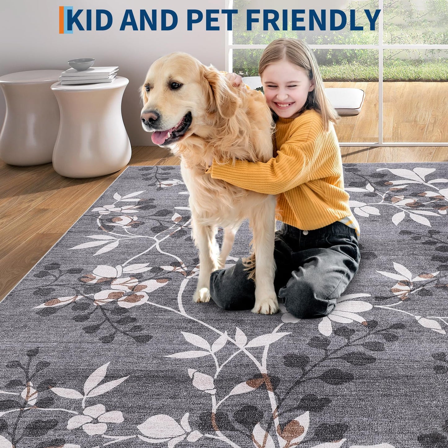 Garvee 5x7 Washable Living Room Rugs, Non Slip Bedroom Rugs, Large Floral Print Throw Carpet for Dining Room, Soft Low Pile Botanical Home Decor Rug for Nursery Home Office, Grey
