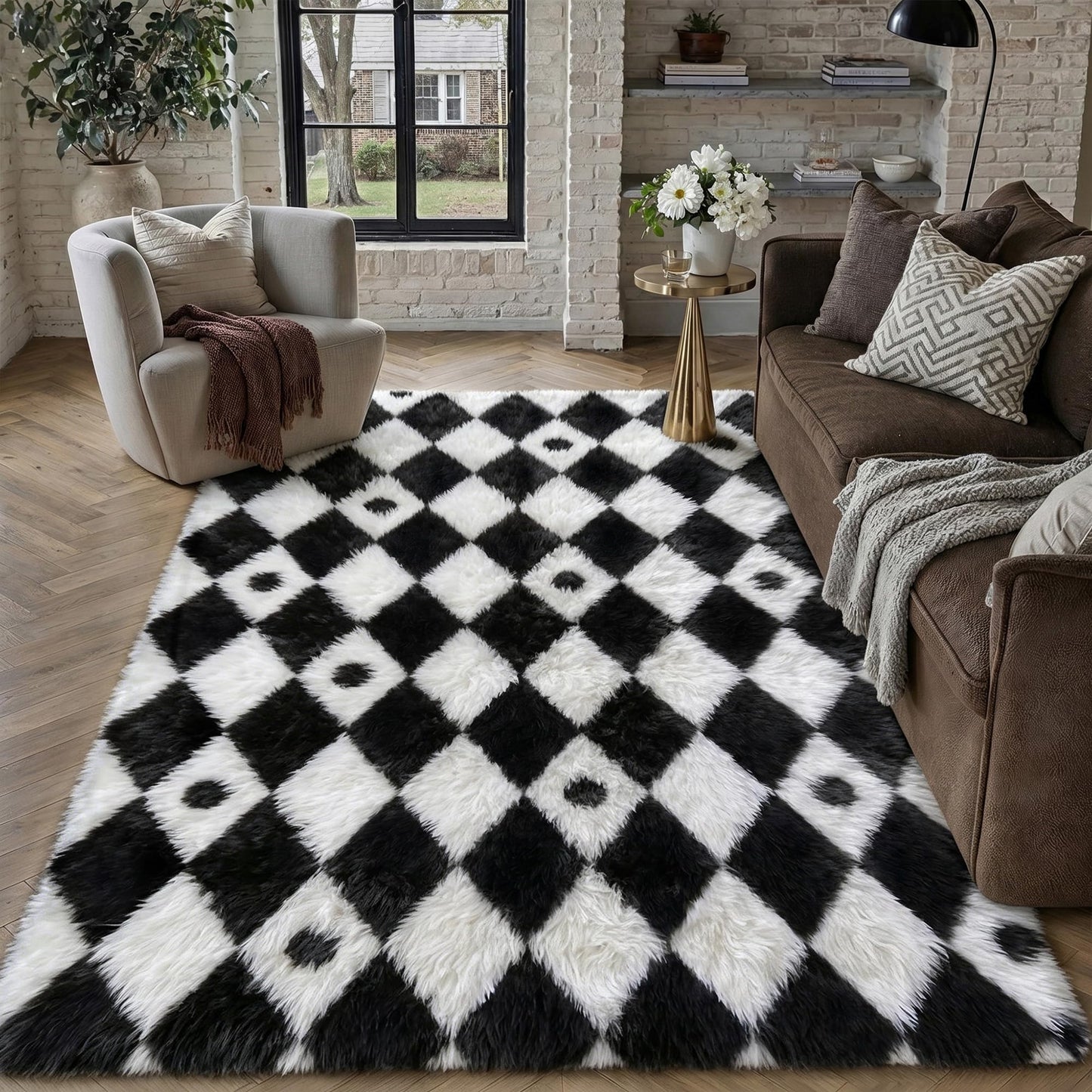 PureCozy Checkered Rug 5x8 Fluffy Shag Living Room Black and White Area Rug Modern Washable Carpet Soft Shaggy Non Slip Indoor Plush Fuzzy Rugs for Bedroom Dorm Office Home Aesthetic Decor
