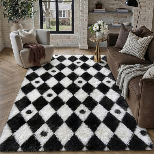 PureCozy Checkered Rug 5x8 Fluffy Shag Living Room Black and White Area Rug Modern Washable Carpet Soft Shaggy Non Slip Indoor Plush Fuzzy Rugs for Bedroom Dorm Office Home Aesthetic Decor