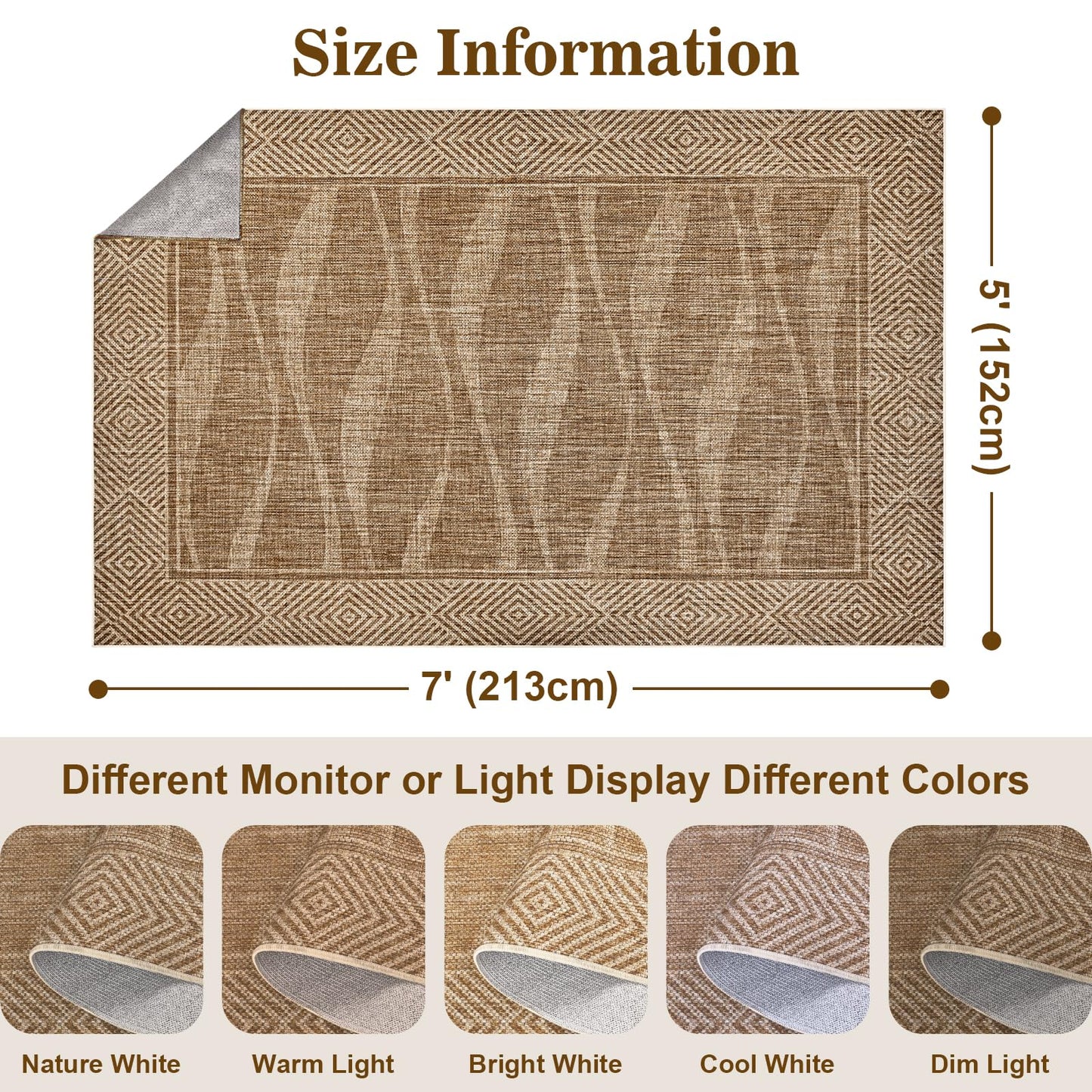 Jute Rug 5x7 Outdoor Patio Rug with Border, Washable Rugs for Living Room, Farmhouse Non Slip Area Rugs with Rubber Backing Indoor Outdoor, Non Shedding Carpet for Bedroom, Courtyard, Light Brown