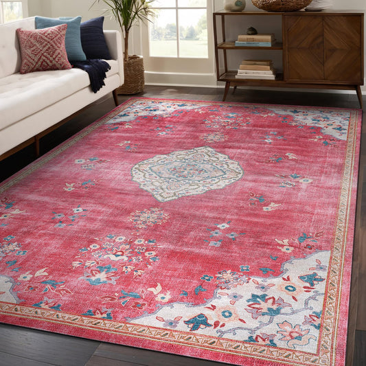 Beverly Rug Non Slip Rugs 5x7 Boho Medallion Floral Non Skid Rubber Backing Easy Silk Soft Area Rug for Living Room Easy to Clean Non Shedding Kitchen Bedroom Indoor Carpet (5 x 7 Fuchsia - Cream)