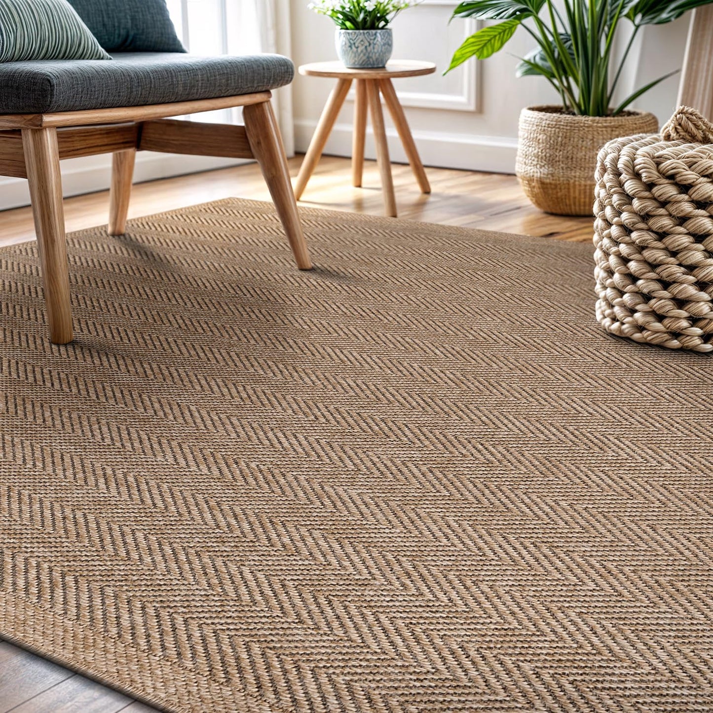 CAMILSON Easy Jute Rug 9x12, Indoor Outdoor Natural Color Fiber Area Rugs for Living Room and Patio Rug Herringbone Seagrass Boho Woven Design Easy-Cleaning Washable Outside Carpet Alfombras 9 x 12