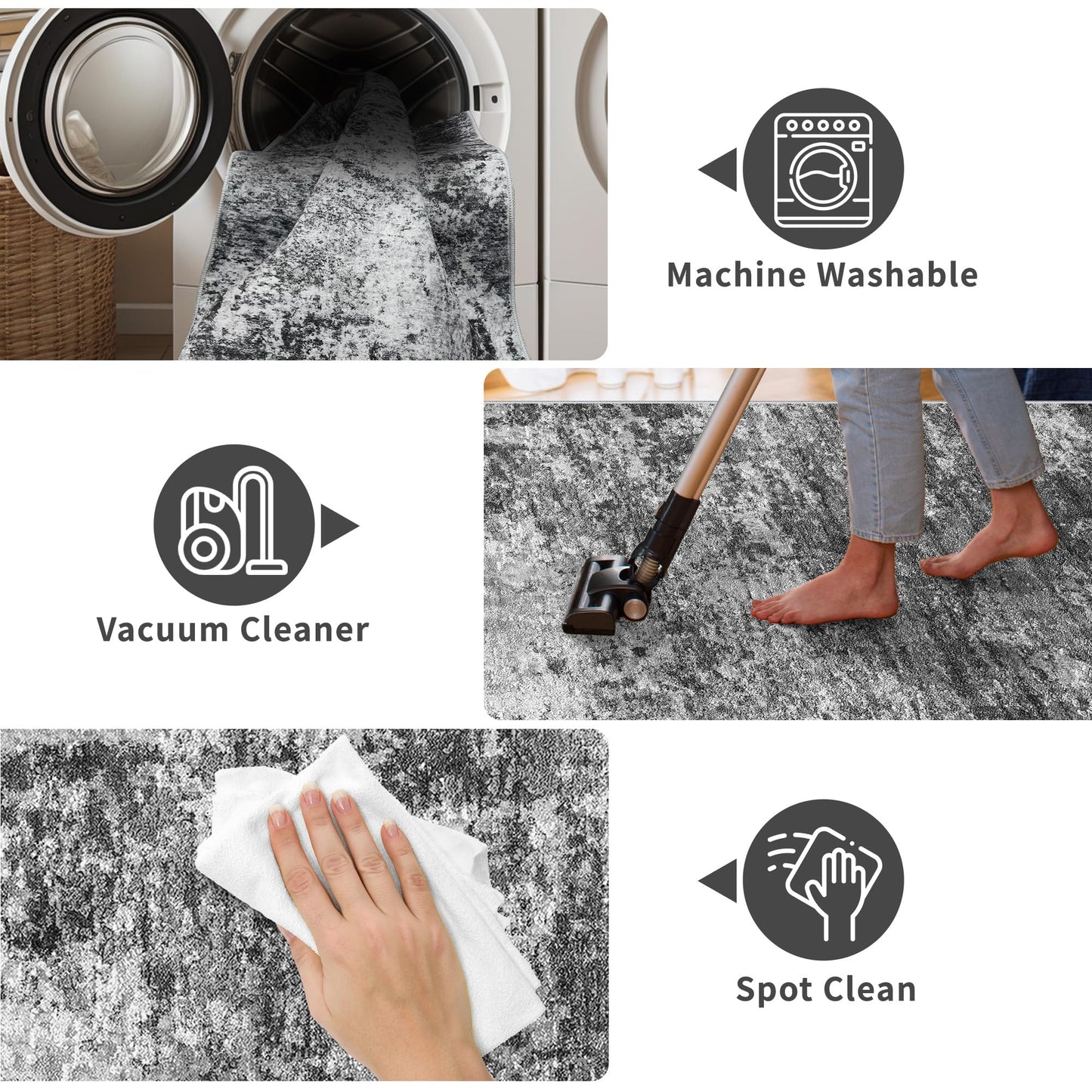 Washable Kitchen 2x10 Runner Rug: Non-Slip Low Pile Hallway Runner Modern Abstract 10ft Long Rugs for Entryway Living Room Soft Thin Stain Resistant Carpet for Bedroom Bathroom(Black/Grey/White, 2X10)