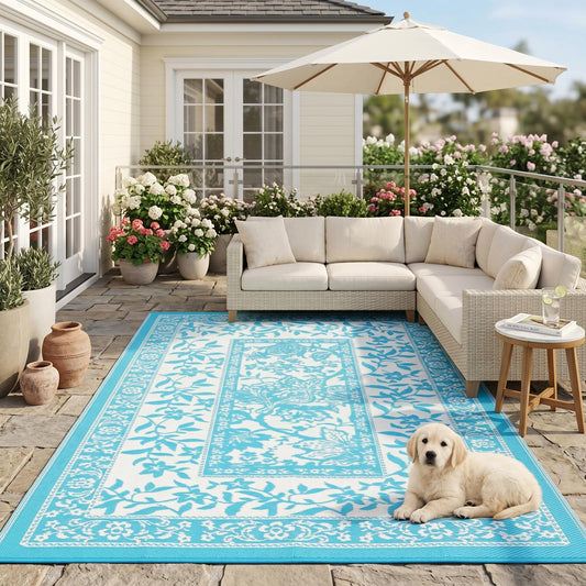 Garvee Outdoor Rug 5x8, Waterproof Reversible Foldable Plastic Straw Rug, Botanical cottagecore Outdoor Rugs Patio Camping RV Carpet for Deck Camper Porch Balcony Backyard Picnic Beach Blue