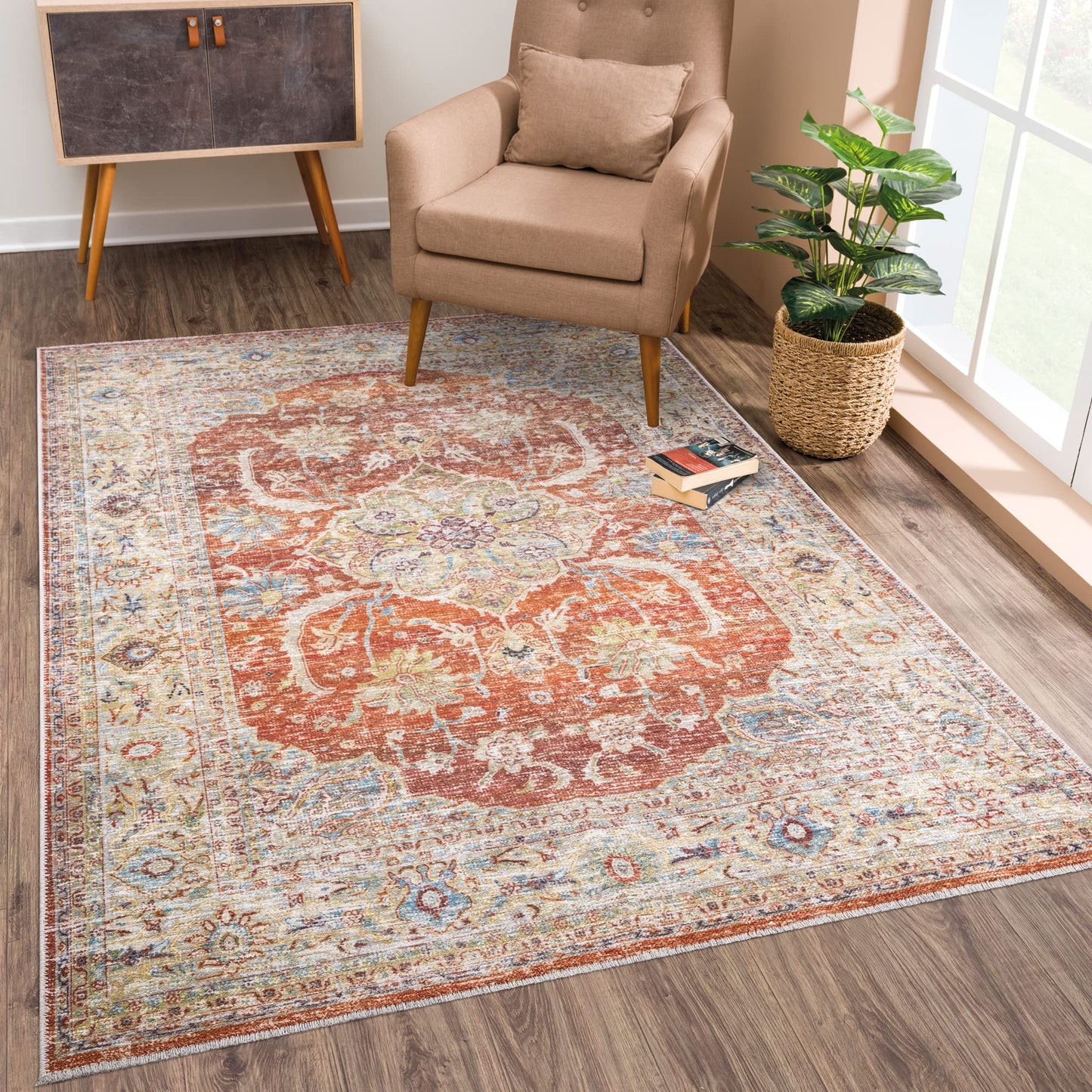 Bloom Rugs Caria Washable Non-Slip 4x6 Rug - Orange/Olive Beige Traditional Area Rug for Living Room, Bedroom, Dining Room, and Kitchen - Exact Size: 4' x 6'