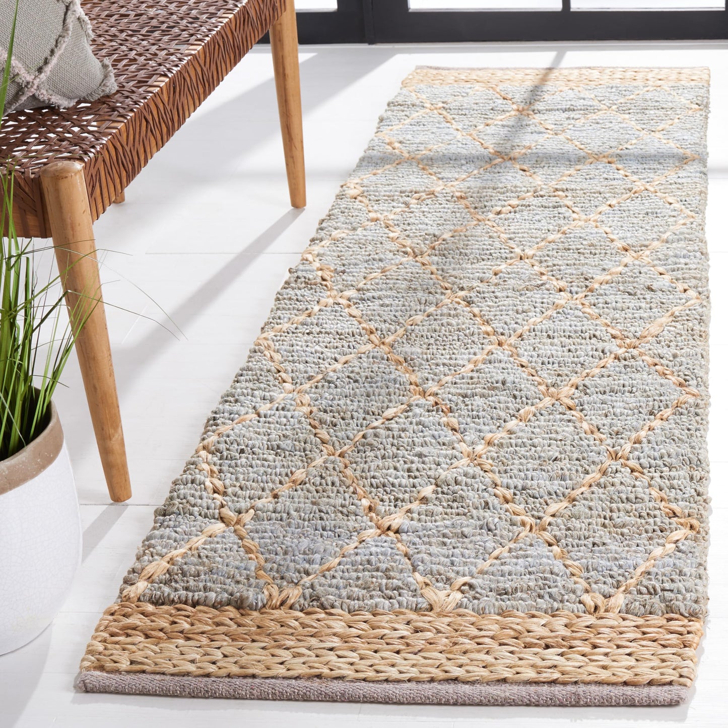 SAFAVIEH Natural Fiber Collection Runner Rug - 2'6" x 12', Light Blue, Handmade Boho Moroccan Trellis Jute, Ideal for High Traffic Areas in Living Room, Bedroom (NF951L)