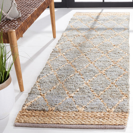 SAFAVIEH Natural Fiber Collection Runner Rug - 2'6" x 12', Light Blue, Handmade Boho Moroccan Trellis Jute, Ideal for High Traffic Areas in Living Room, Bedroom (NF951L)