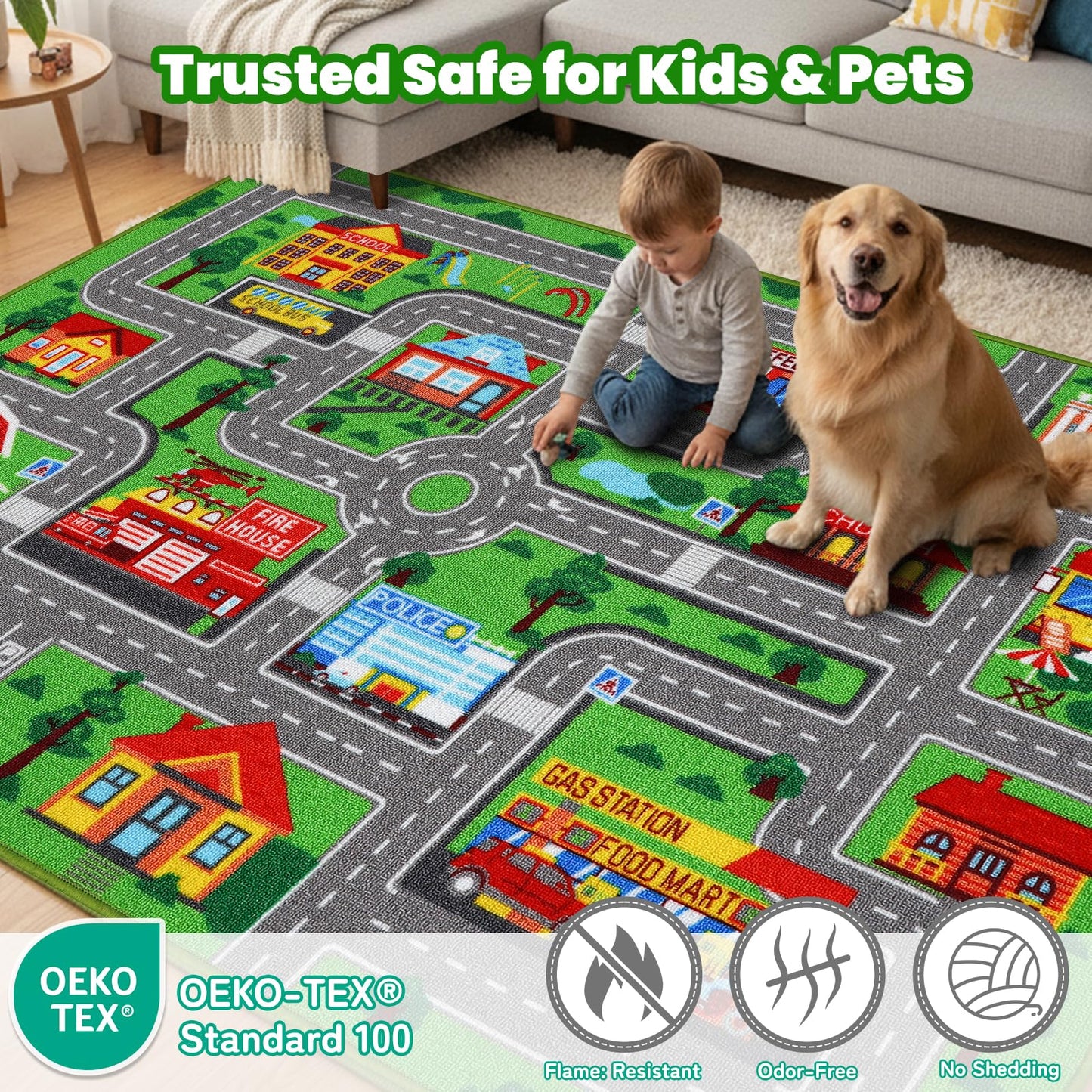 Kids Rug Car Carpet 78.7"x59", Car Rug for Kids Room Playroom Bedroom, Non-Slip Town City Road Map Rugs, Track Car Mat for Kids Boys Girls (78.7X59Inch,Green)