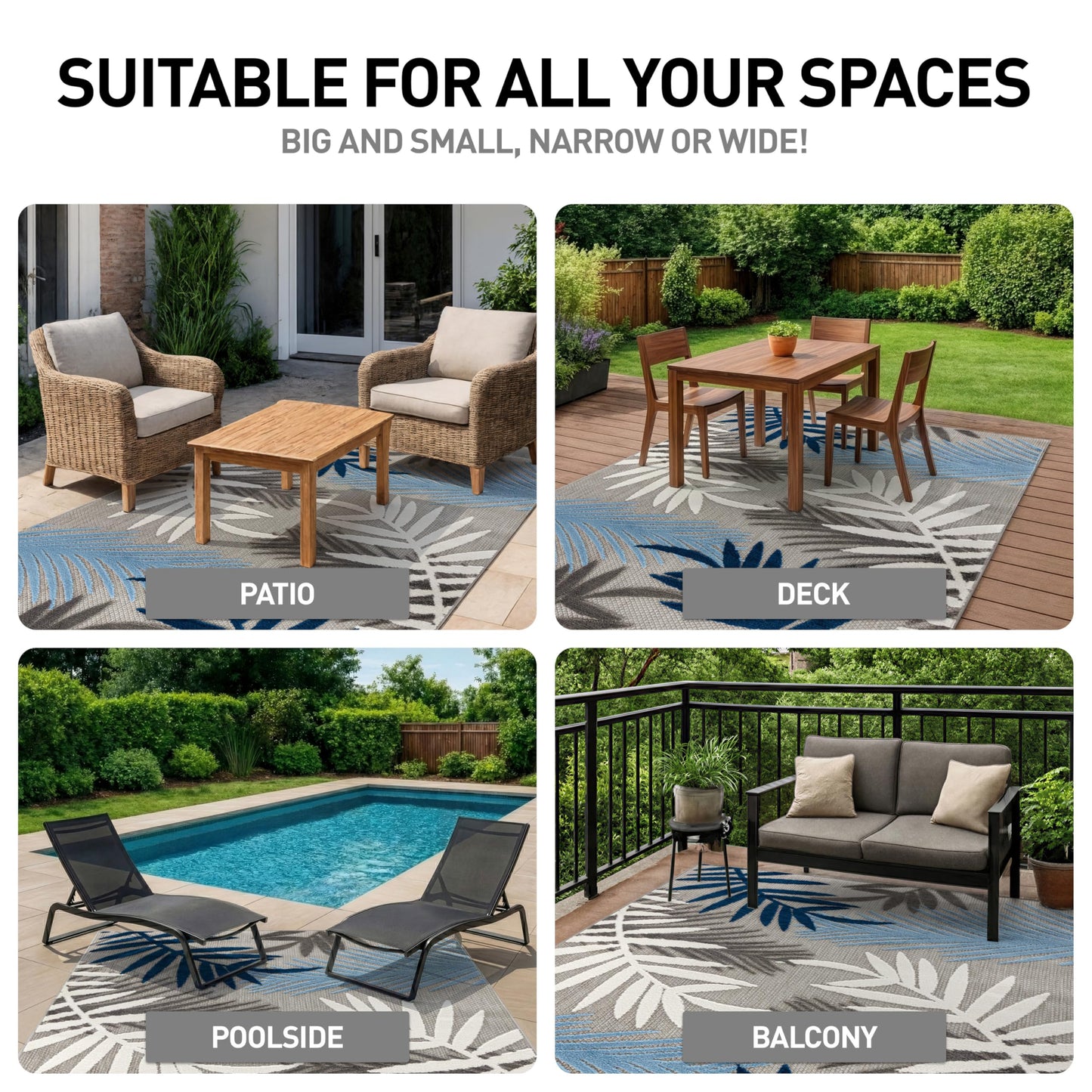 Rugshop Blue Palm Frond Indoor/Outdoor Area Rug Non-Shedding Easy Cleaning for Patio, Deck and Living Room, 5' x 7'