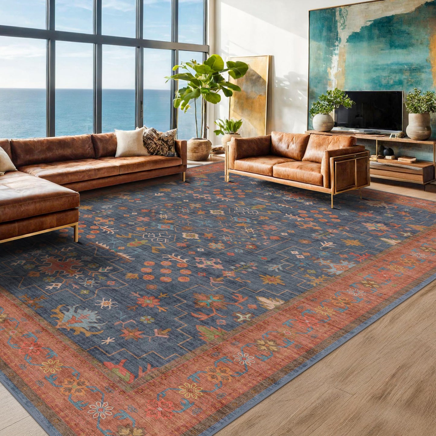 Washable Navy Blue Living Room Rug, 8x10 Area Rug For Bedroom, Dining Room Rugs for Under Table - Low Pile Non-Slip Rubber Backing Stain Resistant Rug - Aethestic Boho Home Decor (8x10 Navy Blue)