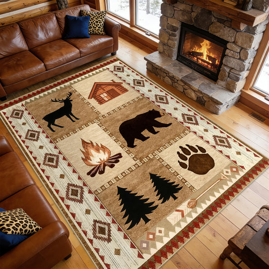 Area Rug 5x7 Rustic Cabin Bear Deer Rug Lodge Country Farmhouse Wildlife Rugs for Living Room Southwesten Machine Washable Non-Slip Printed Low-Pile Indoor Carpet for Bedroom Dining Room Office
