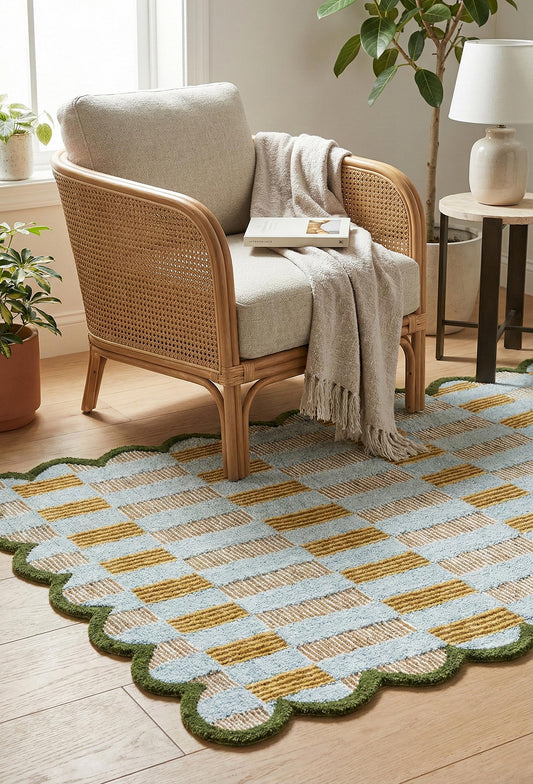 Weaving Village Hand Tufted Wool Rug with Scalloped Edges, Light Blue Plaid Pattern, Soft Area Rug for Living Room, Bedroom, and Nursery, Handmade Modern Accent Rug, Meadow Sky, 2'x3'