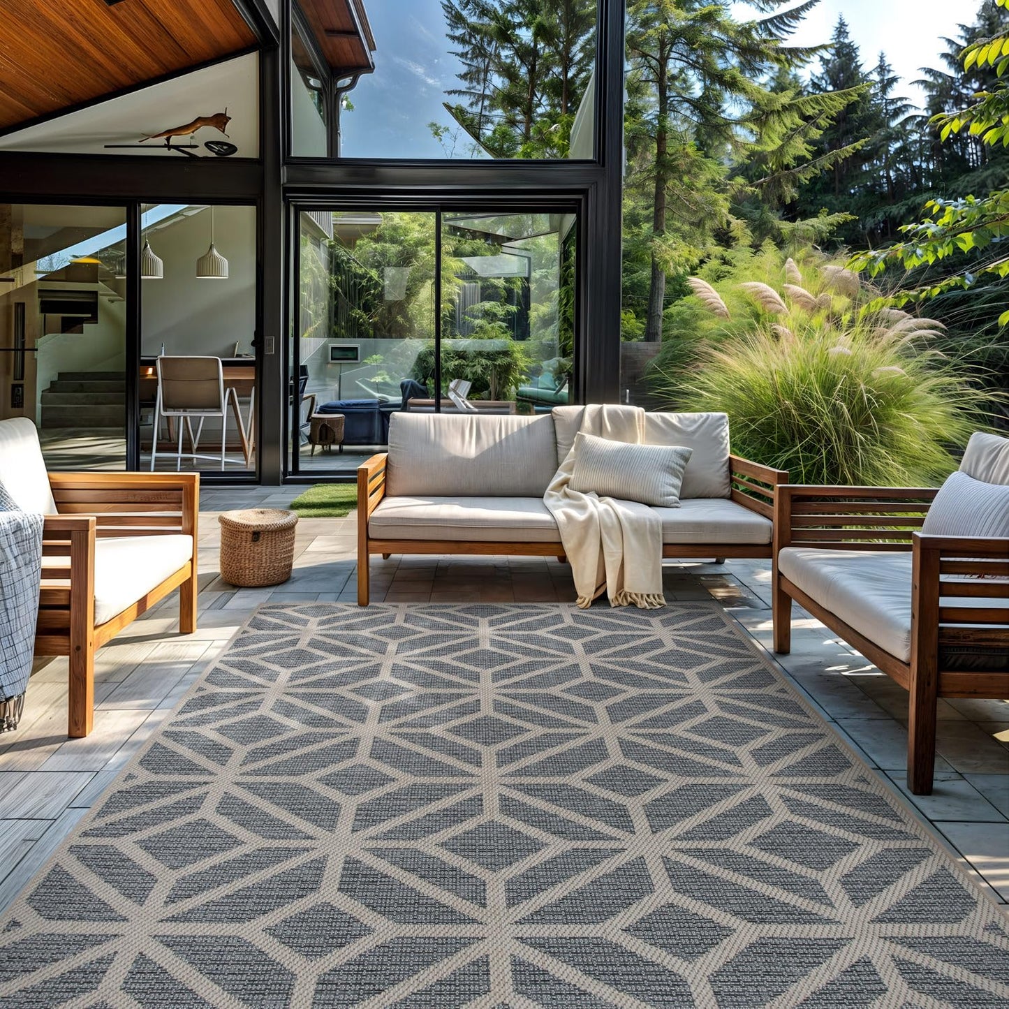 Rugshop Blue Contemporary Geometric Indoor/Outdoor Area Rug — Hose Washable for Living Room, Dining Room and Office, 6'6" x 9'