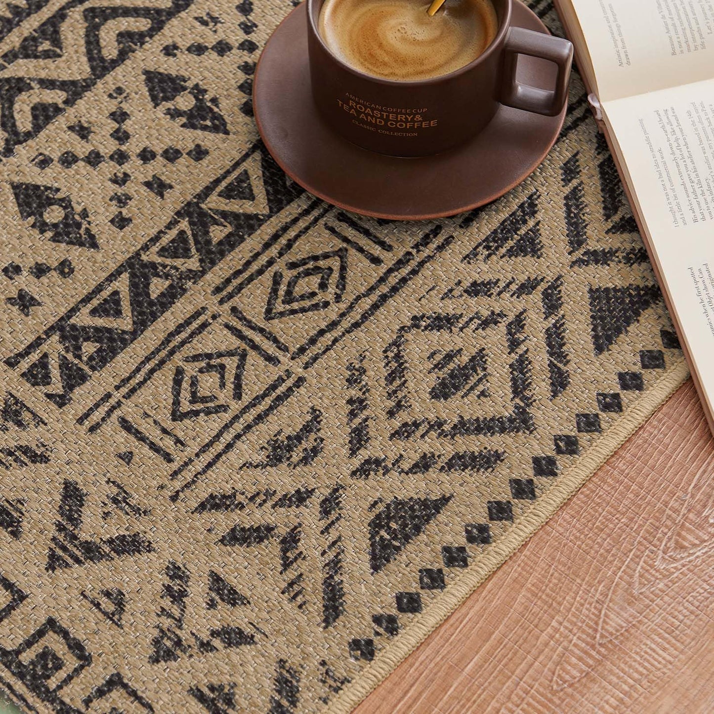 jinchan 3x5 Washable Faux Jute Area Rug, Natural Fiber Look Boho Southwestern Geometric Accent Rug, Low-Pile Non-Slip Floor Mat for Bedroom Living Room Entryway Covered Patio Balcony, Natural Charcoal