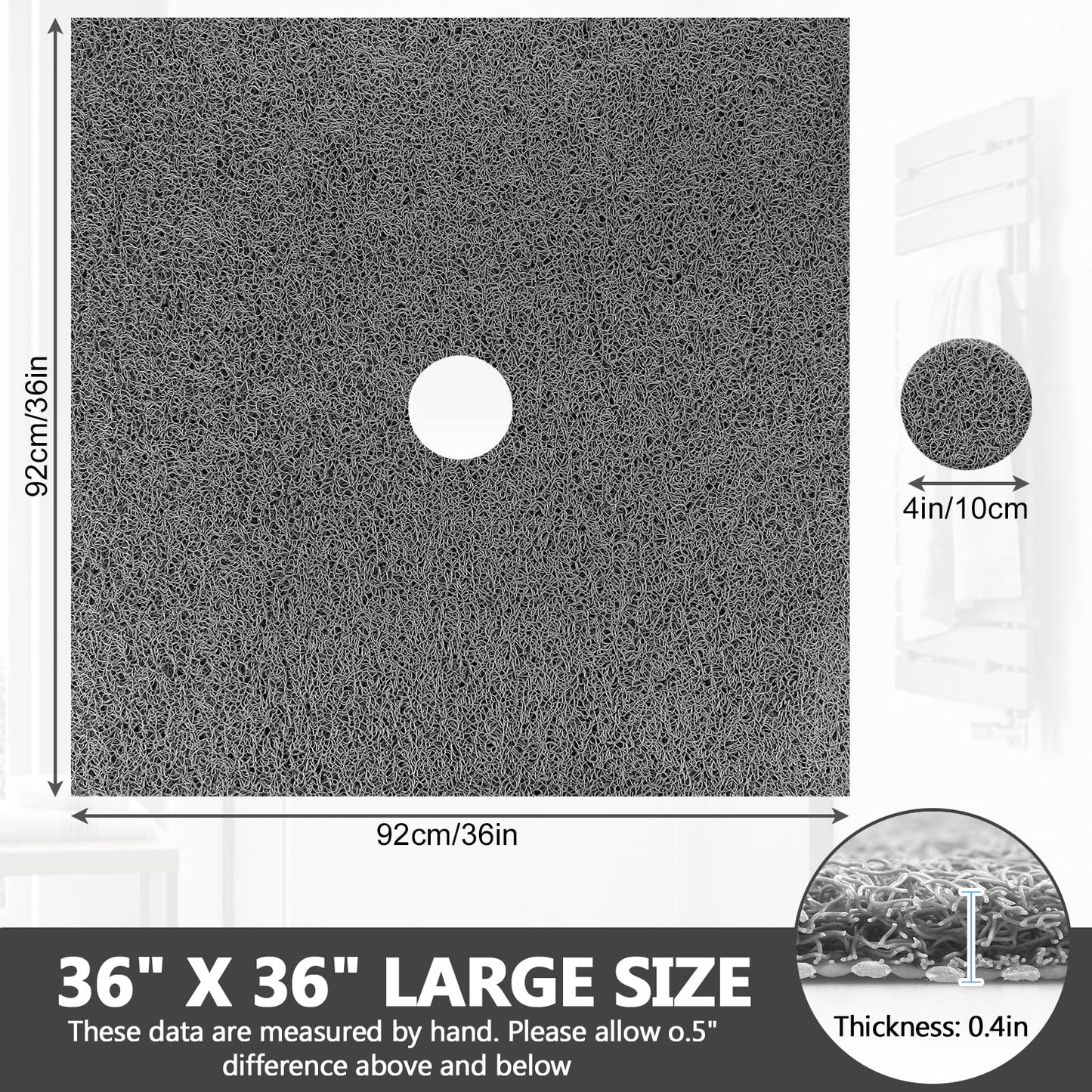 Square Shower Mat Non Slip: 36 x 36 Inch Extra Large Loofah Shower Mats for Inside Shower - Anti Slip Shower Stall Matt with Drain Hole in Middle