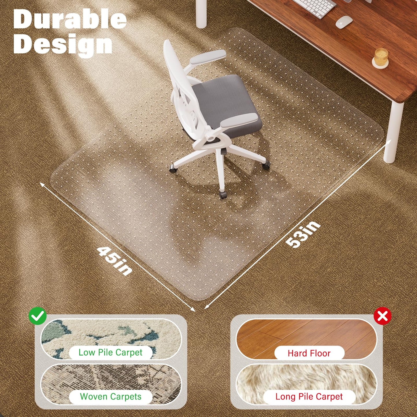Office Chair Mat for Carpet, 45" x 53" Clear Desk Chair Mat with Lip, Heavy Duty Plastic Floor Protector for Low Pile Carpet, Smooth Easy Glide Under Desk for Office or Home