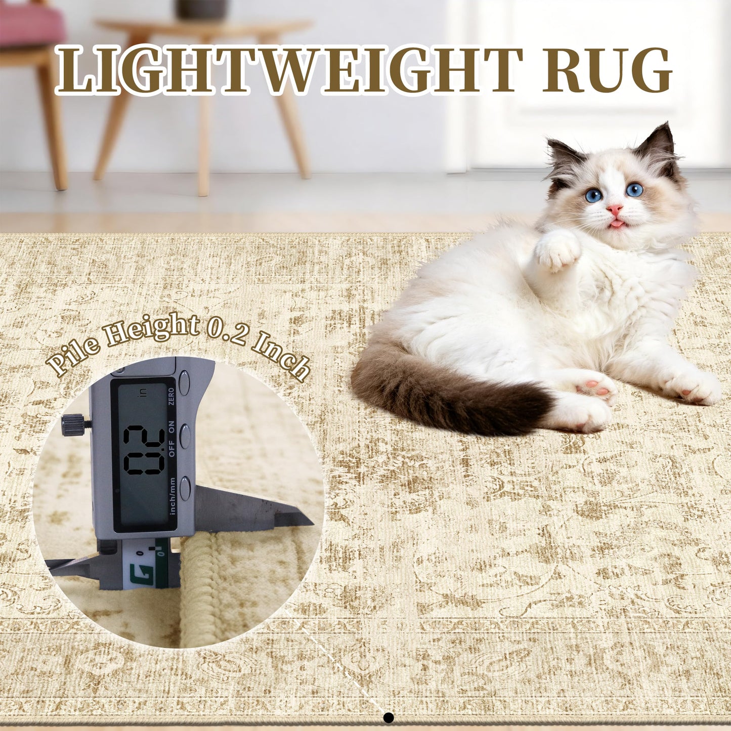 TTelephant Beige Living Room Rug, Neutral Vintage Boho Washable Rug 6x9 for Bedroom and Dining Room, Low Pile Large Carpets with Non-Slip Silicone Backing, Non-Shedding