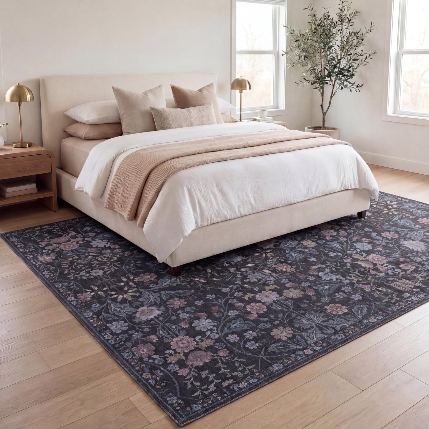 JONATHAN Y Ultra-Soft Machine-Washable Rug with Non-Skid Backing, Dark Gray/Multi 8'x10' Primrose Art Nouveau Floral Border, Non-Shedding, Velvet Luxury Feel for Living Room, Dining Room, Bedroom