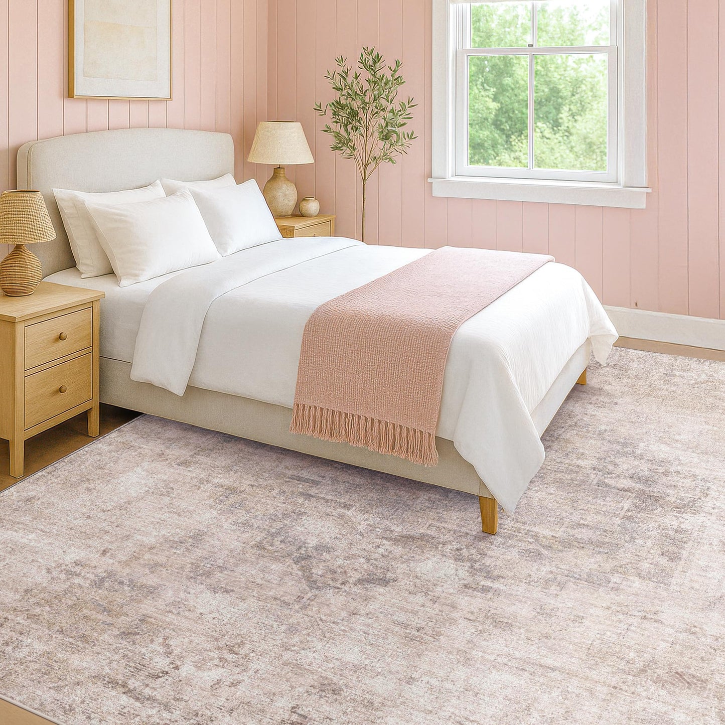 Hazo Haus Modern Pink and Grey 5x7 Area Rugs for Bedroom - Abstract Living Room Rug, for Dining Room Under Table, Washable, Non Slip & Soft, Medallion Distressed Print Pattern