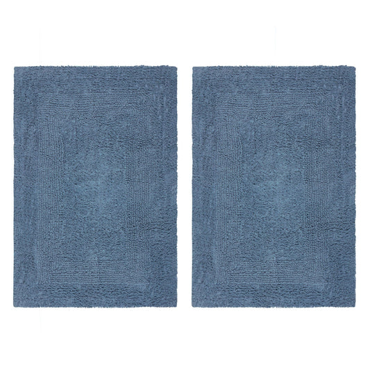 COTTON CRAFT Luxurious Bath Mat Rug - Set of 2 Reversible Heavyweight Step Out Bath Mats for Bathroom Floor, Tub and Shower - Pure Cotton Soft Plush Absorbent Tufted Racetrack Mat - 17x24 - Azure Blue