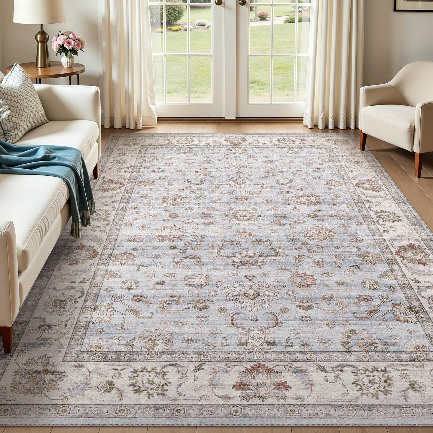 WITSHOCK 5x7 Vintage Floral Area Rug, Washable Non Slip Low Pile Carpet for Living Dining Bedroom Nursery, Stain Resistant, Vacuum Friendly Foldable, Pet & Kid Safe (Blue Gray)