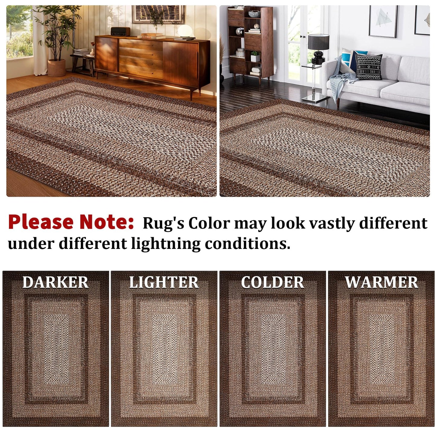 MilleLoom Braided Print Washable Rug 8x10 Area Rugs for Living Room Soft Bedroom Rug Stain-Resistant Rustic Foldable Mat Non Slip Low Pile Farmhouse Carpet for Dining Nursery Cottage Office Brown