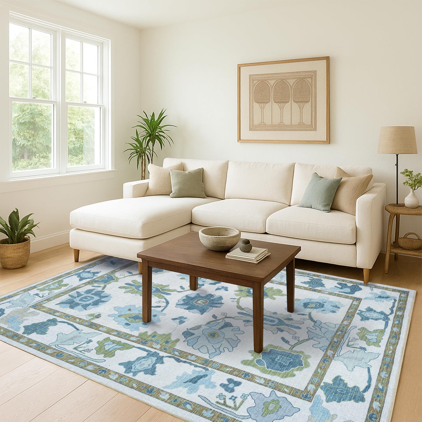Fame Living Green Oushak Rug, Modern, Vintage, Turkish, Eclectic, Floral, Pastel, Washable, Large Area Rugs for Living Room, Dining, Bedroom, Girls, Boys, 7'5"x9'8"