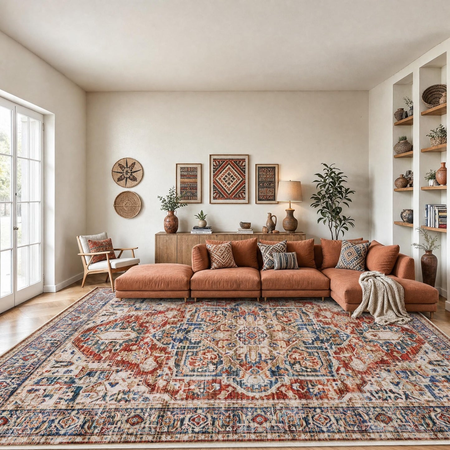 AMADA HOMEFURNISHING 8x10 Washable Area Rug, Low-Profile Large Area Rug with Non-Slip Backing & Durable Edge Binding, Vintage Large Rugs for Living Room, Bedroom, Dinning Room