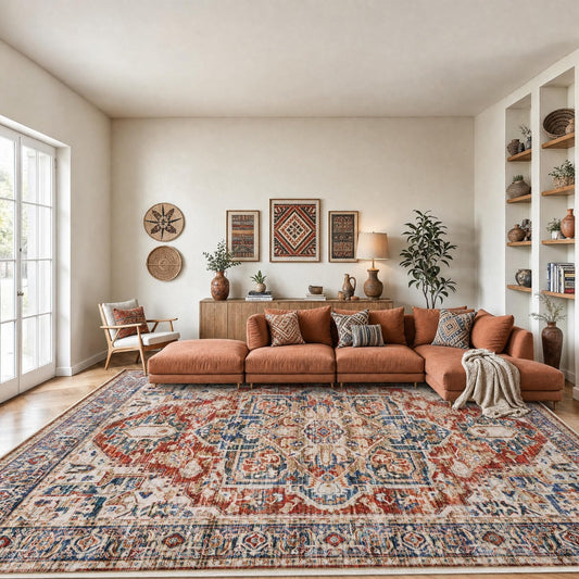 AMADA HOMEFURNISHING 8x10 Washable Area Rug, Low-Profile Large Area Rug with Non-Slip Backing & Durable Edge Binding, Vintage Large Rugs for Living Room, Bedroom, Dinning Room