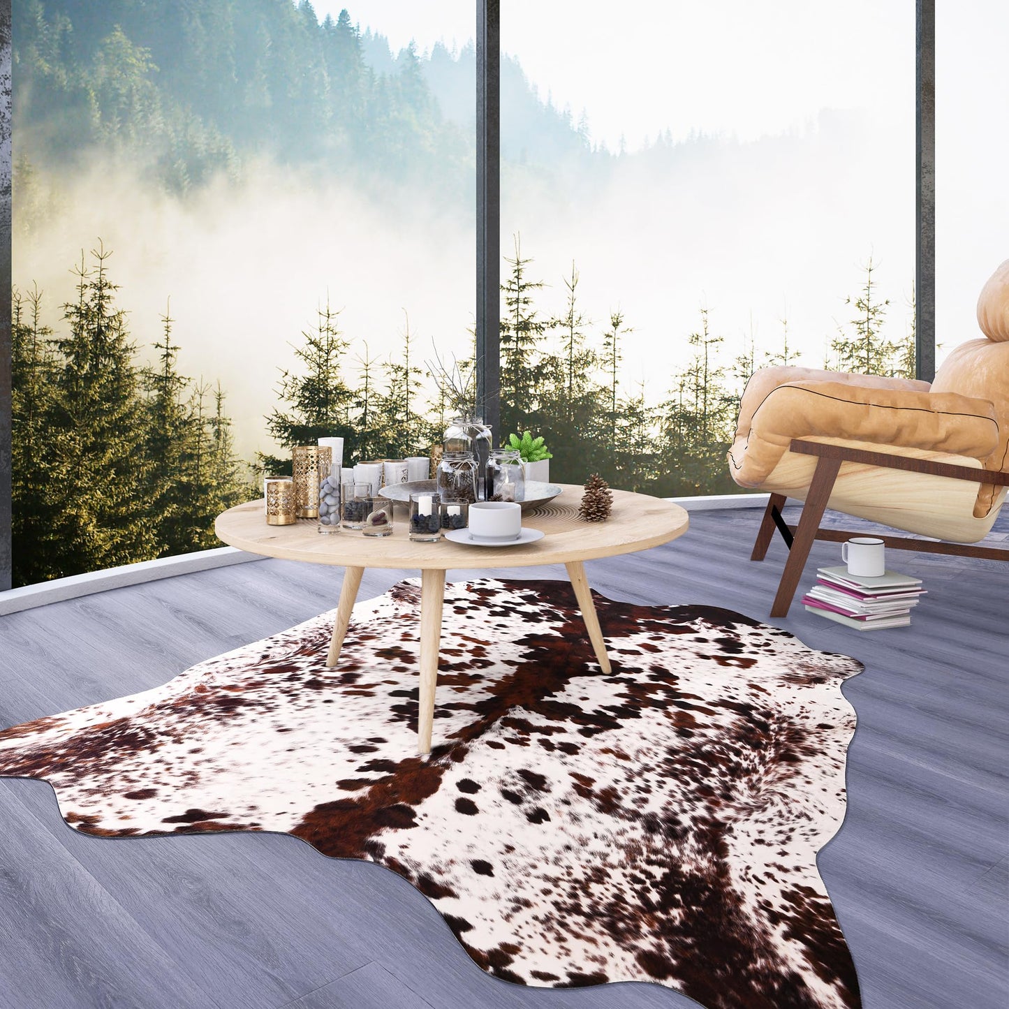 SUNYIWEI Faux Cowhide Rug, 4.6 x 5.2 ft Cowhide Rug for Living Room, Bedroom, Wall - Non-Slip,Brown White