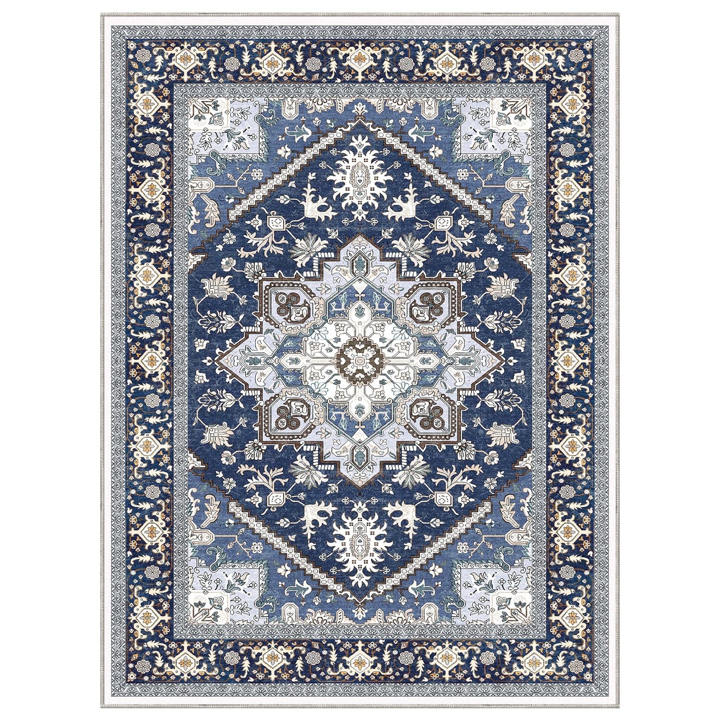 OPPODREAM Soft Area Rugs 9x12 Living Room, Washable Rugs 9x12 with Non Slip Backing, Faux Cashmere Low-Pile 9 x 12 Carpet, Navy Blue & Gold