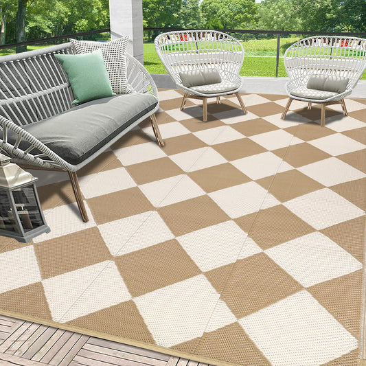 HEBE Checkered Outdoor Rug Waterproof 8x10, Reversible Plastic Straw Rug RV Camping Rug, Indoor Outdoor Patio Mat Clearance, Outside Carpet for Porch,Deck,Camper,Balcony,Backyard,Picnic