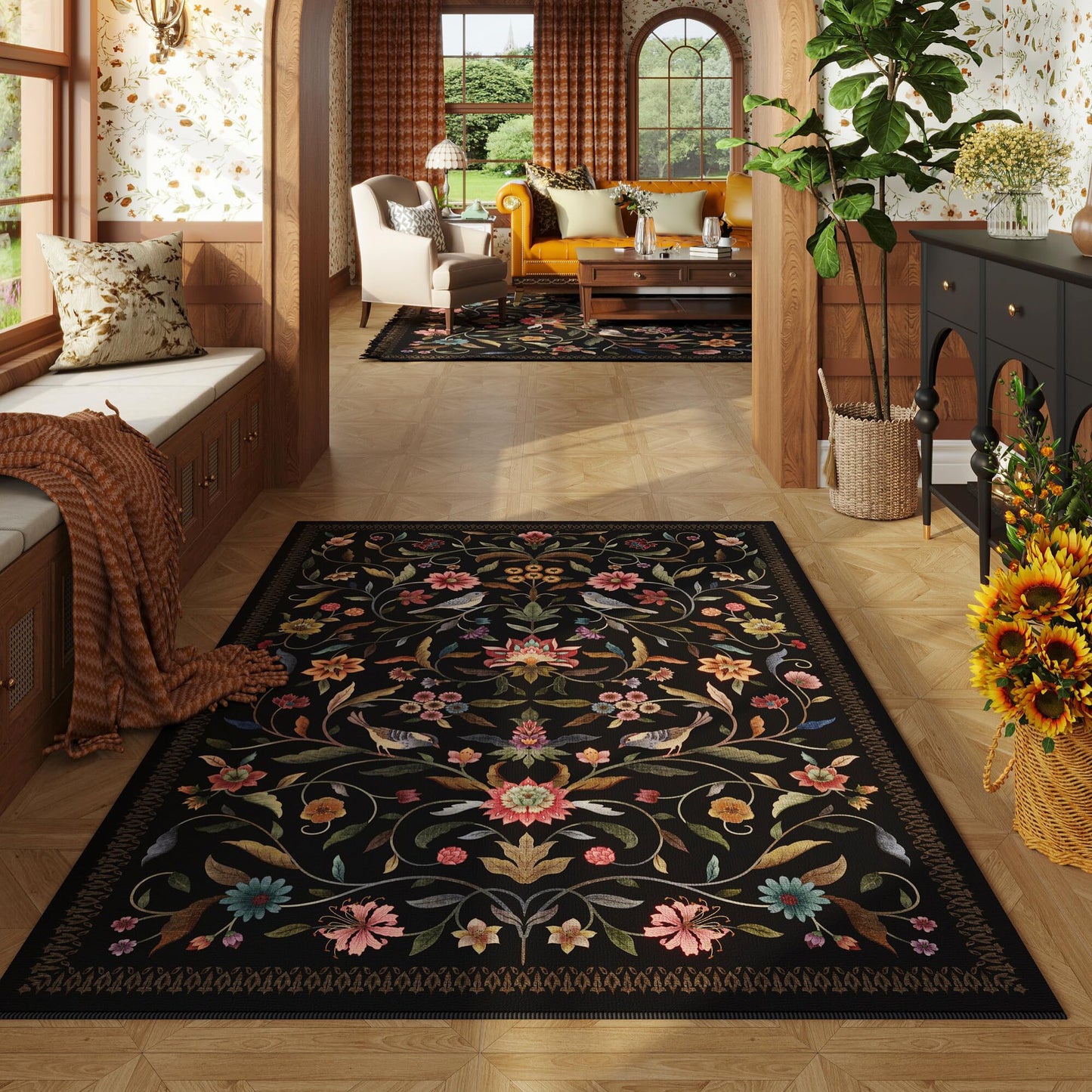 Vowkten Vintage Medallion Floral 3x5 Washable Rug, Soft Low Pile Area Rug, Non-Slip Carpet for Bedside, Bedroom, Bathroom, Entryway, Kitchen, Office, Kids/Girls Room | Black