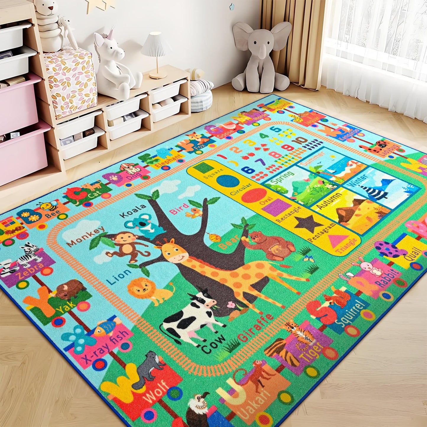 Zedrew Kids Rug for Playroom, 3x5 ABC Educational Carpet for Classroom, Fun Alphabet Area Rugs for Learn Numbers Season Animal Weather and Shapes Playmat for Girls Boys Room Nursery Decor