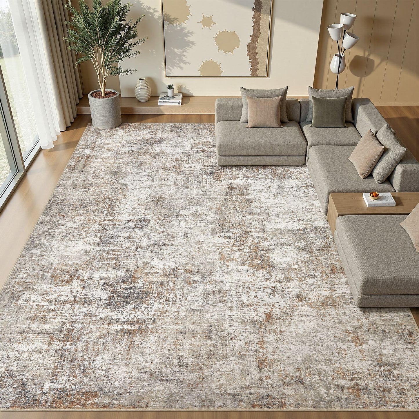 10x14 Area Rugs for Living Room: Washable Large Neutral Abstract Rug Soft Non Slip Stain Resistant Low Pile Indoor Carpet for Bedroom Dining Room Nursery Office Playroom - Brown Grey
