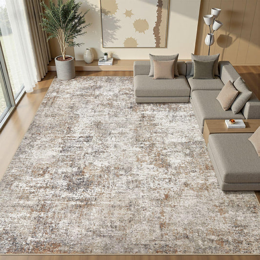 10x14 Area Rugs for Living Room: Washable Large Neutral Abstract Rug Soft Non Slip Stain Resistant Low Pile Indoor Carpet for Bedroom Dining Room Nursery Office Playroom - Brown Grey