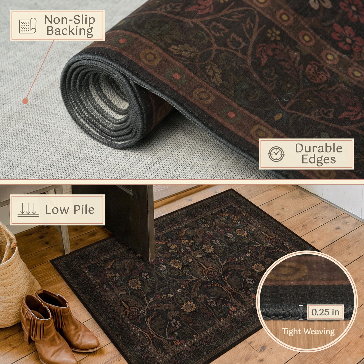 Dark Brown 2x3 Washable Entry Rug, Throw Small Rugs for Entryway Kitchen Bathroom Indoor Door Mat, Farmhouse Floral & Botanical Door Mats, Low Pile Soft Stain Resistant Carpet