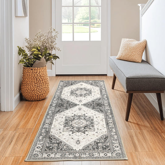 XWZO Washable Runner Rug Non Slip 2x6 Runners for Hallways Soft Kitchen Rug Vintage Carpet for Entrance Living Room Low Pile for Bedroom Laundry Room,Beige Grey
