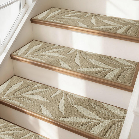 JSEI Stair Treads for Wooden Steps with 3D Leaf Pattern, 14 Pack 9" X 28" Carpet Stair Treads Non-Slip Indoor with TPE Backing, Machine Washable Stair Runners for Kids Elders and Pets, Beige
