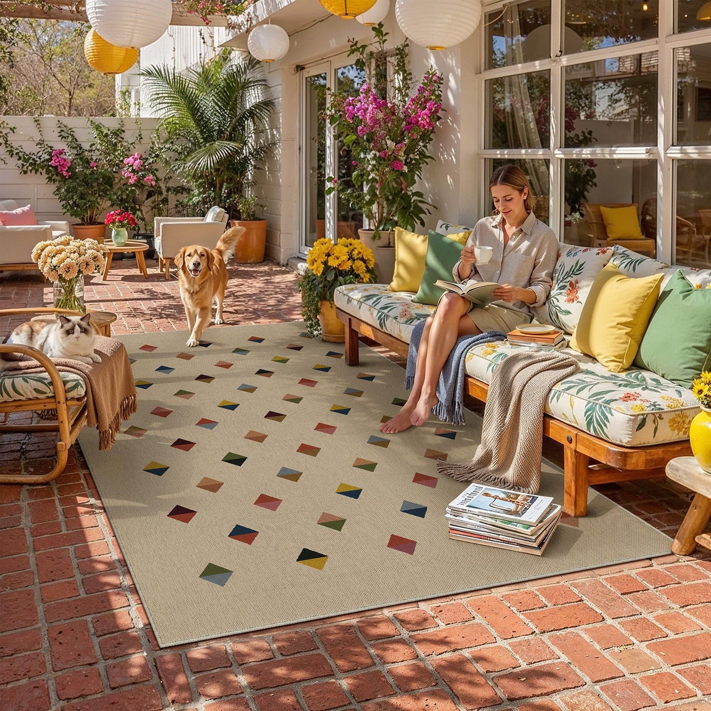 HUGEAR 6x9 Jute Outdoor Indoor Checkered Rug Washable Linen Textured Weave High Traffic Stain Resistant Non Slip Durable Carpet for Livingroom Patio Deck Balcony Courtyard (Rainbow, 6' x 9')
