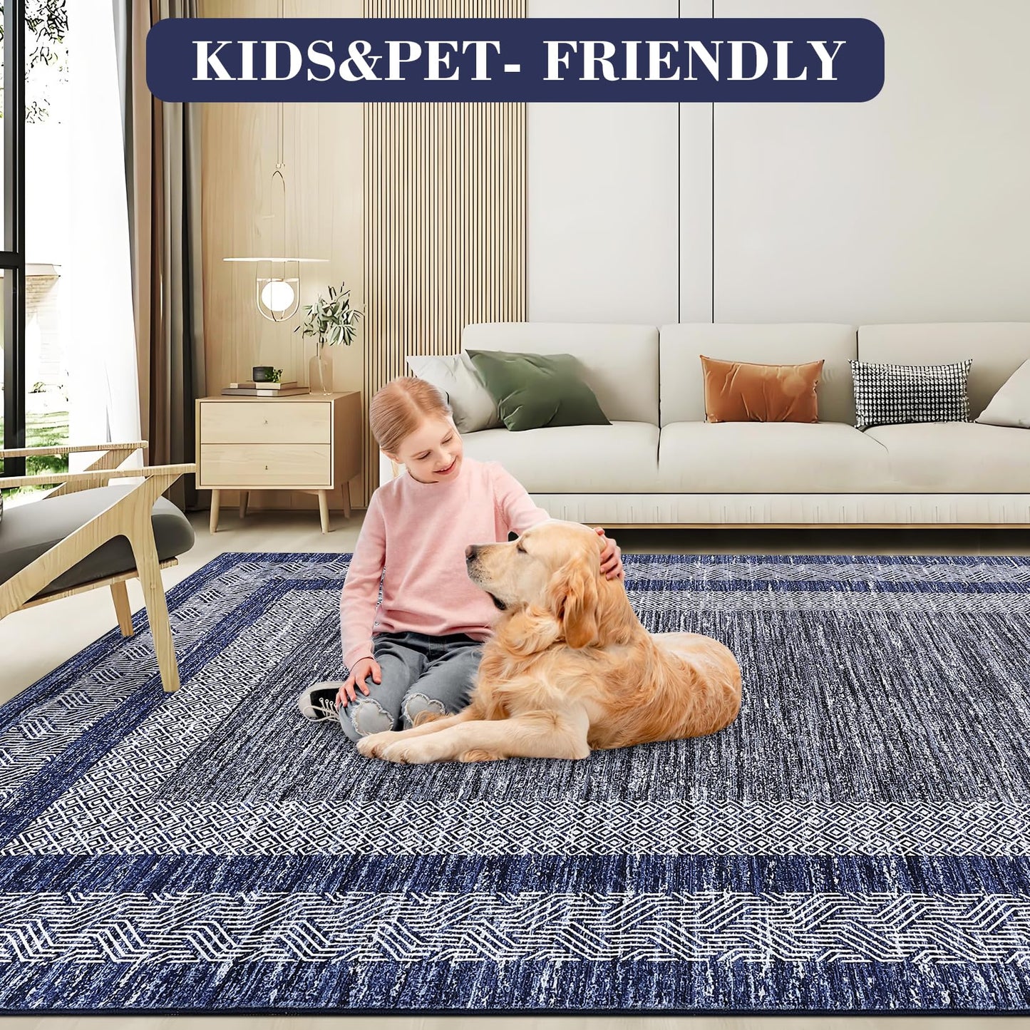 GarveeHome Modern Geometric Area Rug 5x7 Distressed Bordered Rug Washable Non Slip Floor Carpet Non Shedding Thin Rug, Soft Low Pile Rug, Contemporary Blue Rug for Dining Room, Living Room