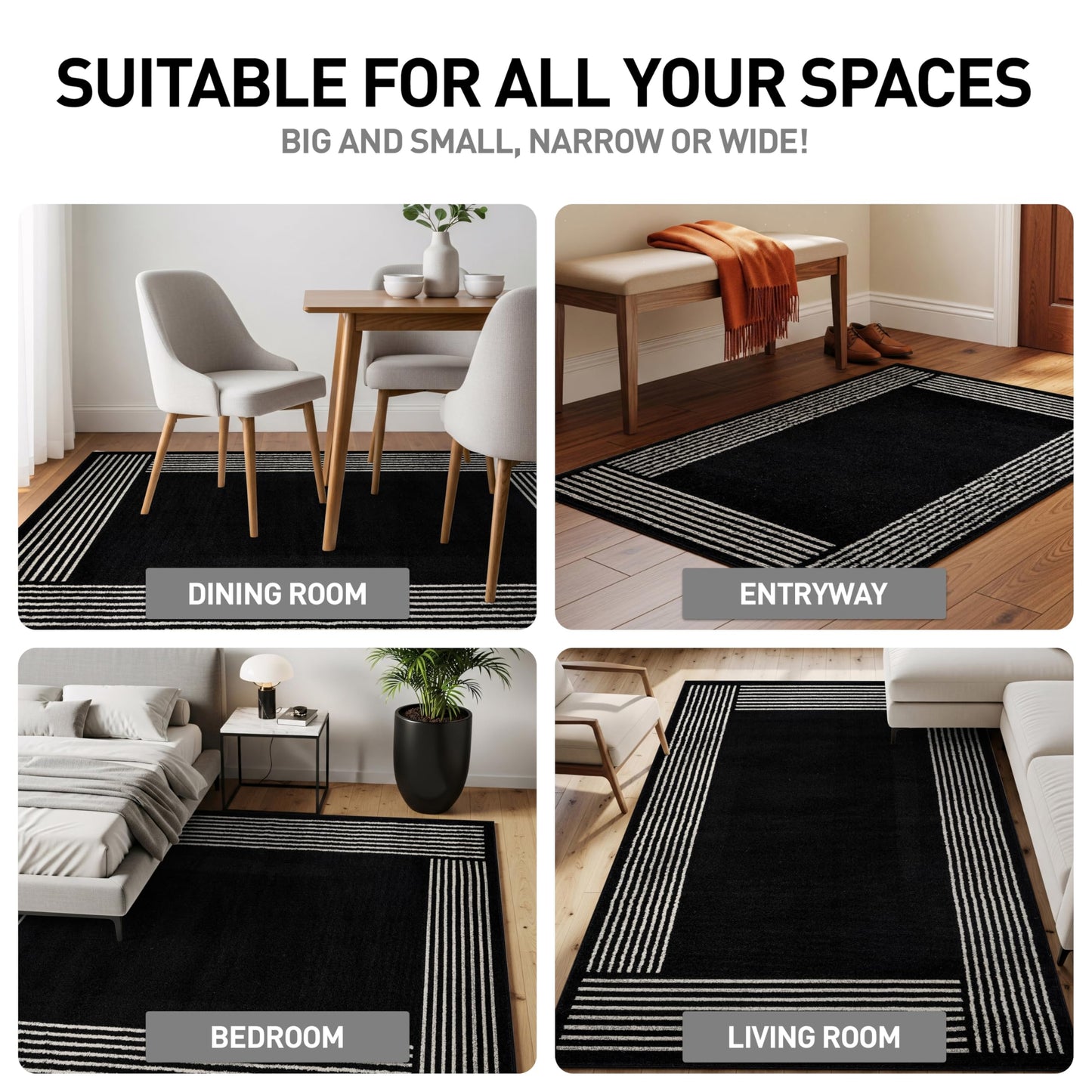 Rugshop Modern Minimal Bordered Indoor Area Rug for Entryway,Bedroom,Kitchen Rug Low Pile Rug with Jute Backing 4' x 6' Black