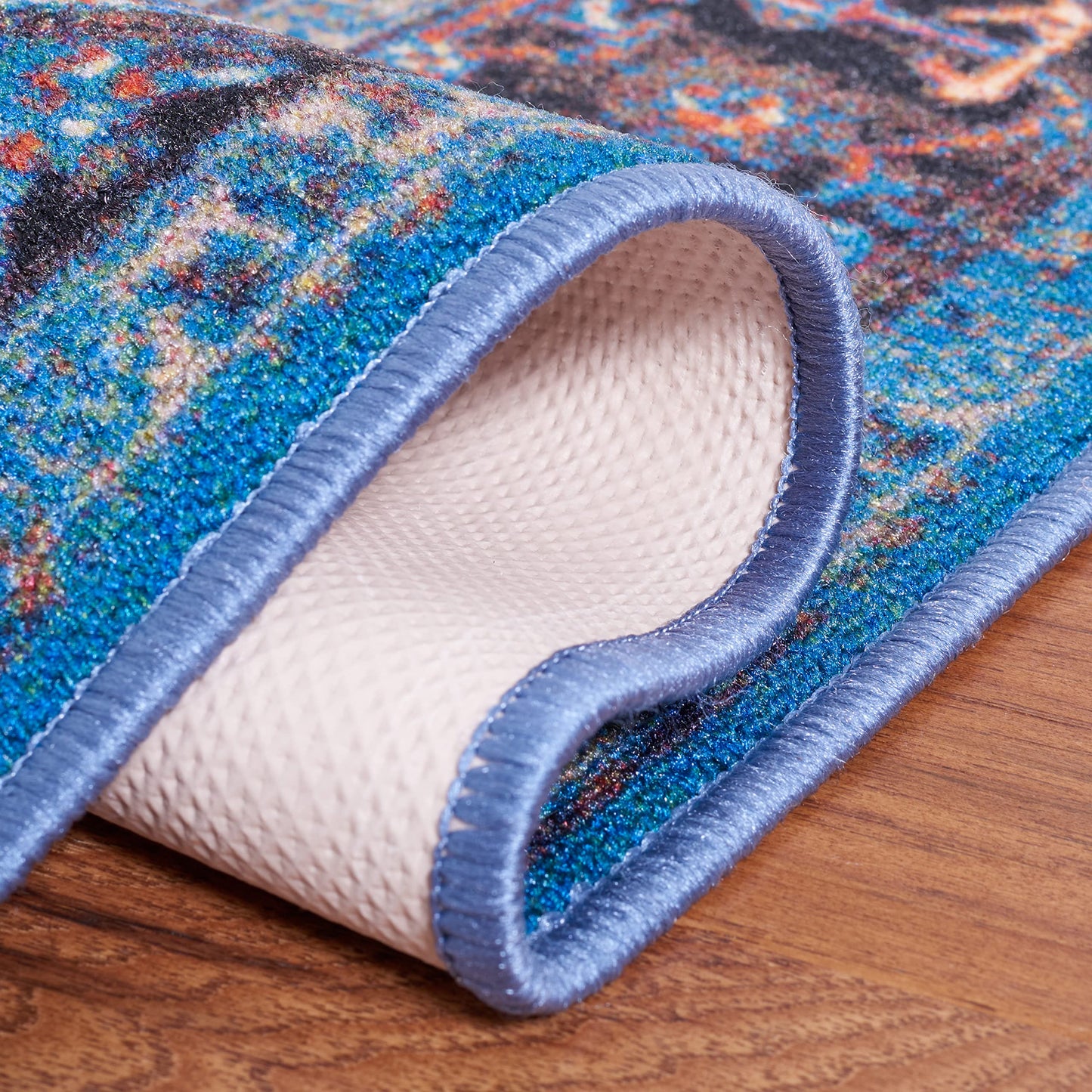 SAFAVIEH Washable Rug Journey Collection - 4'4" x 6', Blue & Red, Slip Resistant & Easy Cleaning, Ideal for Living Room, Bedroom, Kids Playroom Nursery, Office, Dining Space (JNY107M)