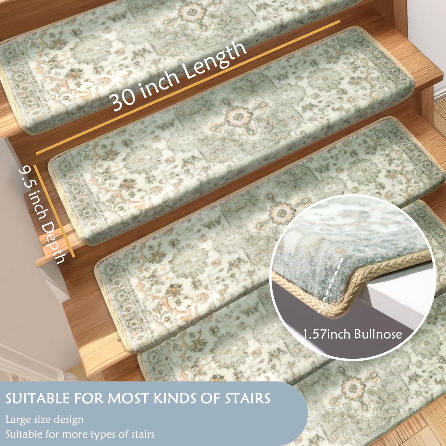 Brakki Bullnose Non-Slip Stair Treads for Wooden Steps, Carpet Stair Treads for Indoor Runner, Pet Friendly Soft Stair Rugs, Edging Stair Protectors Reusable, Washable, 30"x9.5"x1.5" 7pcs, Grey