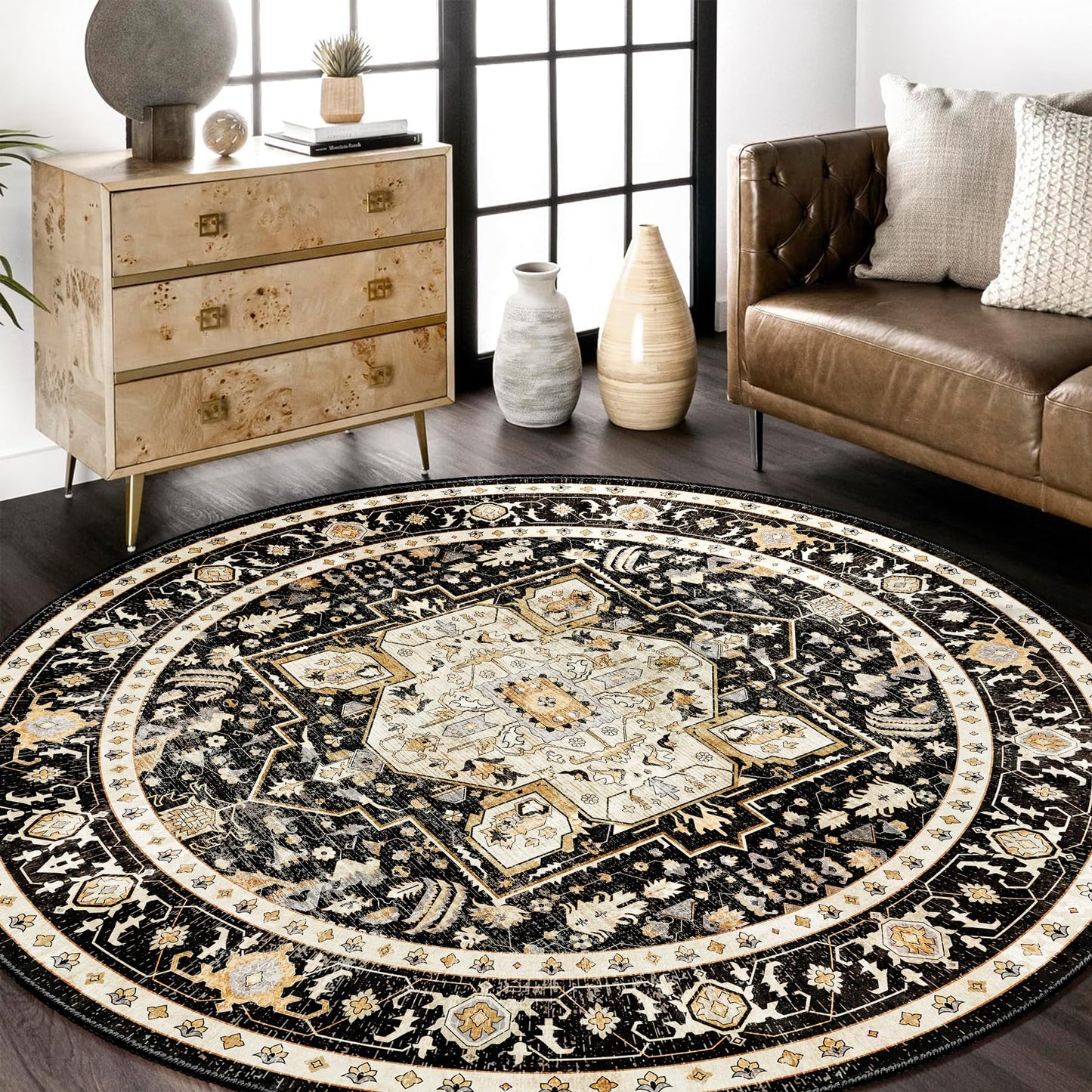 MUJOO Round Rugs 6ft,Black Circle Area Rug Washable,Boho Circular Rugs for Living Room Bedroom,Large Non Slip Throw Carpet Vintage Soft Black and Gold Floral