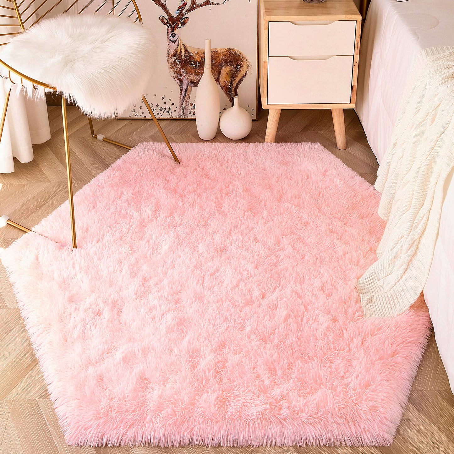 EVOIONOS Pink Hexagon Rug for Princess Tent, Fluffy Area Rug for Kids Room, 4x4.6 Feet for Girls Tent, Furry Soft Nursery Rug, Fuzzy Plush Carpet for Teen Girls Bedroom