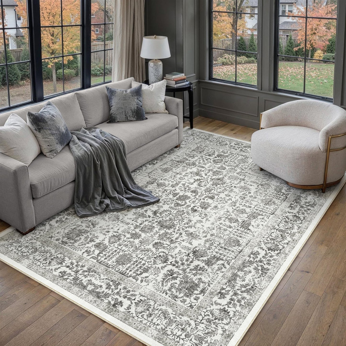PureCozy Black Area Rug 5x7 Machine Washable Vintage Living Room Distressed Non Slip Carpet Traditional Indoor Bedroom Retro Floral Accent Throw Large Rug Office Kitchen Bathroom Dining Room