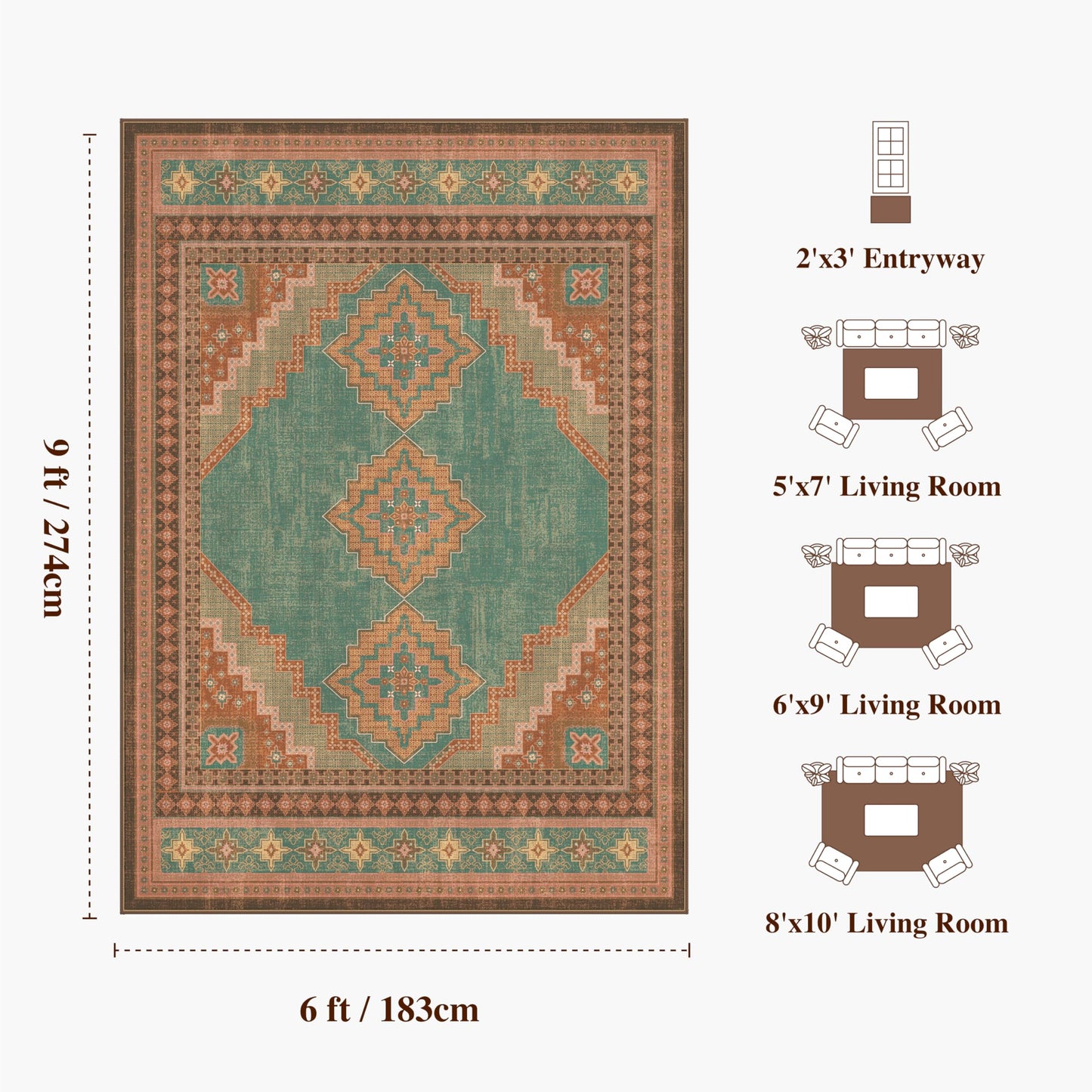 Clemile Vintage Area Rug 6x9 - Washable Ultra-Thin Area Rug Vintage Non-Slip Carpets - Soft & Stain Resistant Rug for Home Bedroom Dining Room Home Office Indoor Light Brown Tan