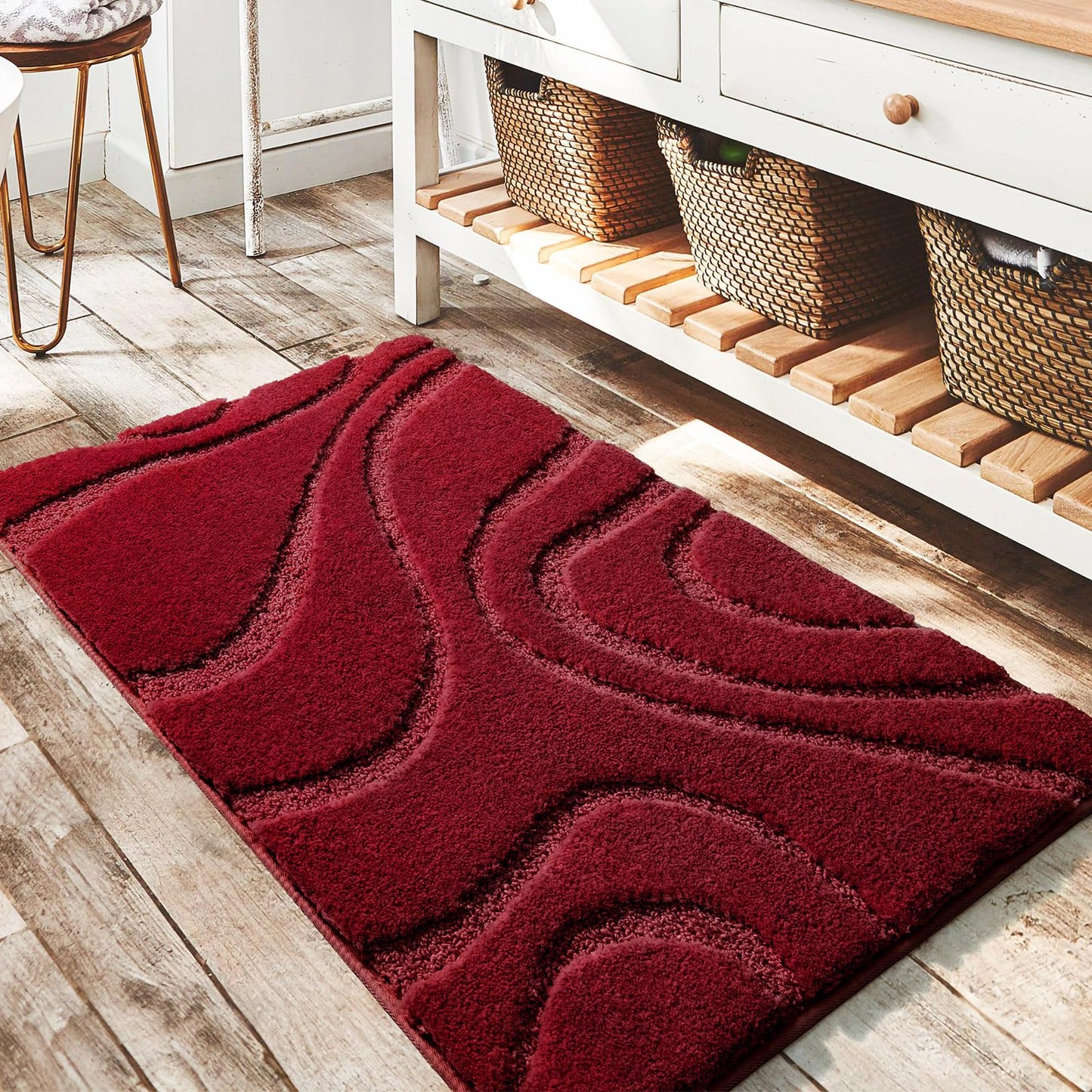 DEXDE Bathroom Rugs Mat, Soft Plush Shaggy Microfiber Bath Rug Non Slip Bath Mats for Bathroom Floor, Machine Washable Absorbent Carpet for Shower Tub, Burgundy Red 20"x32"